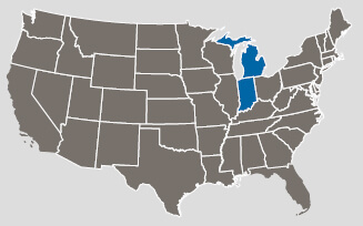 U.S. Map with michigan and indiana highlighted