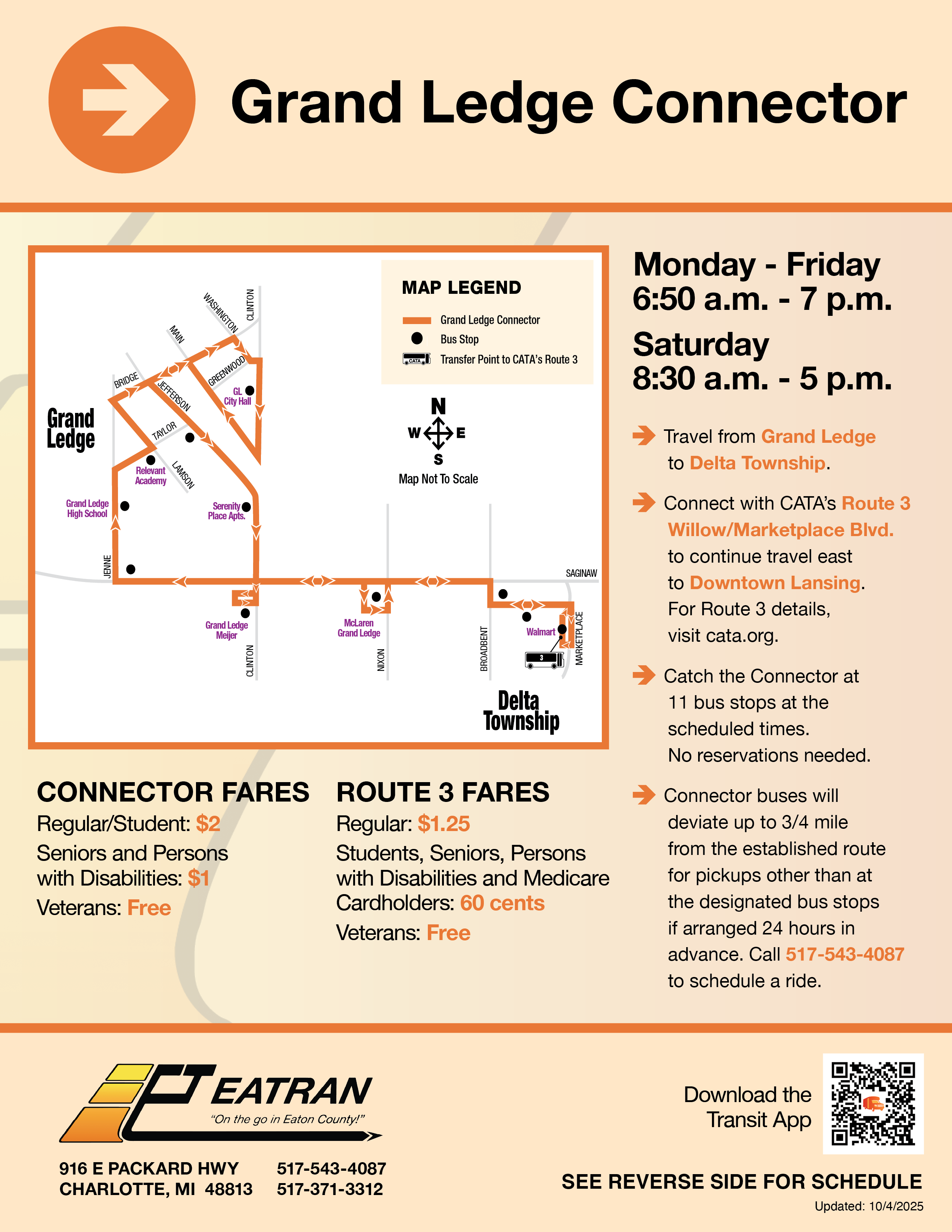 Grand Ledge Connector timetable with weekday and Saturday departures