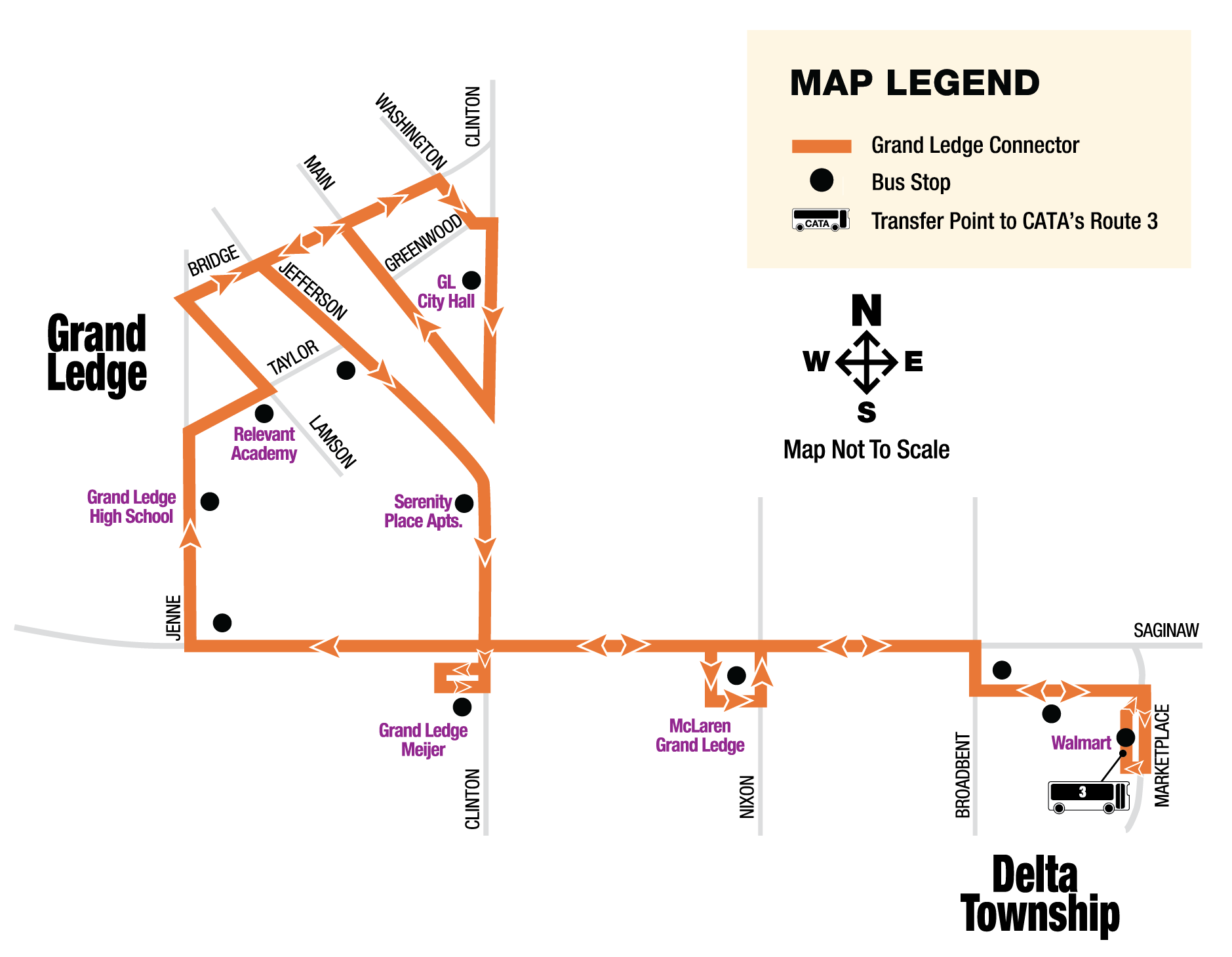 Grand Ledge Connector route with stop at McLaren Grand Ledge and transfer to CATA Route 3