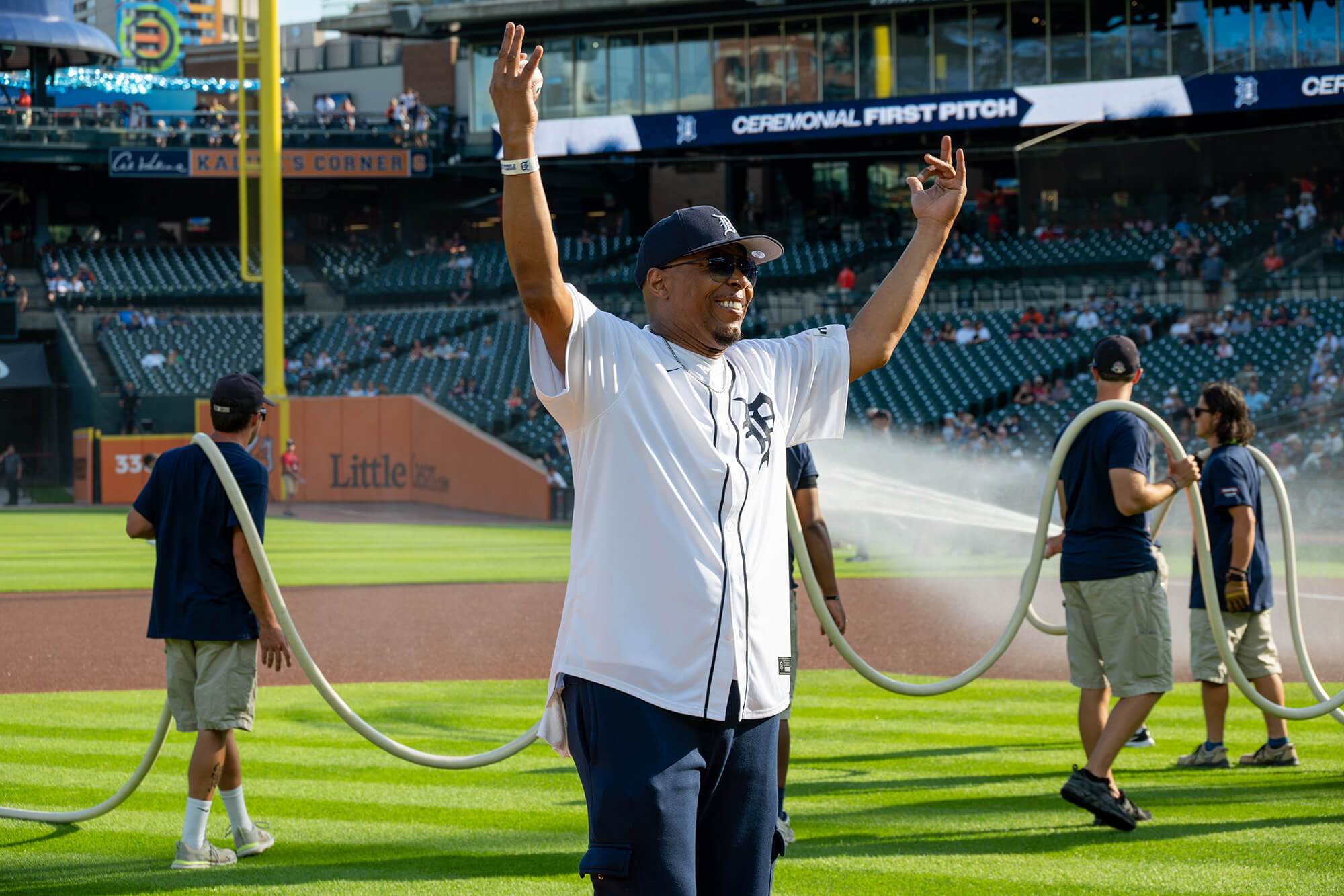 Robert Hopkins threw out the ceremonial first pitch at the Prostate Cancer Awareness Night game with the Detroit Tigers.